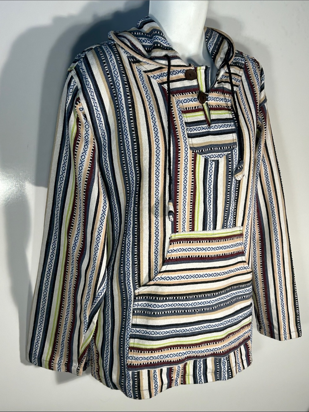 Striped Cotton SZ XL Hooded Tunic Aztec Southwestern Street Style Ranch Y2K